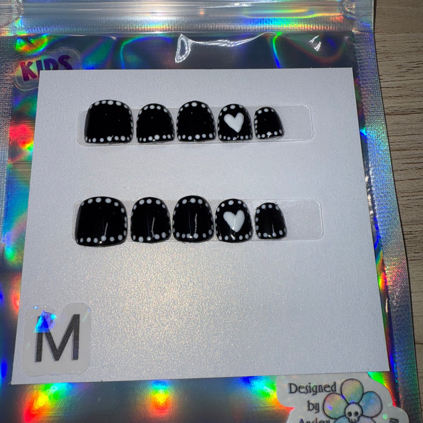"Stitched Heart" Kids Black Press-On Nails with White Heart & Stitching | Size Medium