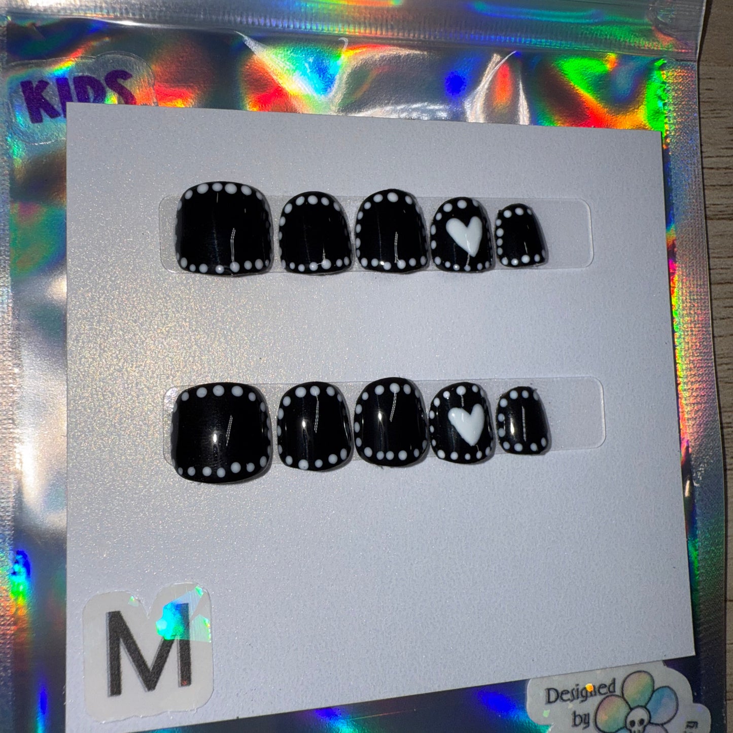 "Stitched Heart" Kids Black Press-On Nails with White Heart & Stitching | Size Medium