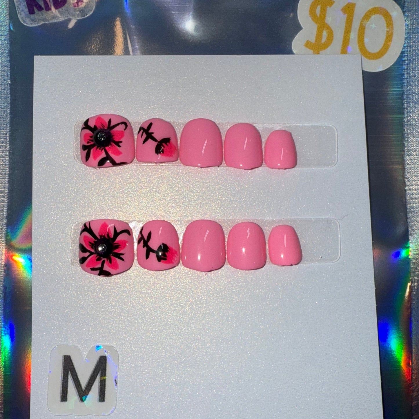 "Sweet Blossom Kids" Pink Floral Press-On Nails | Size Medium