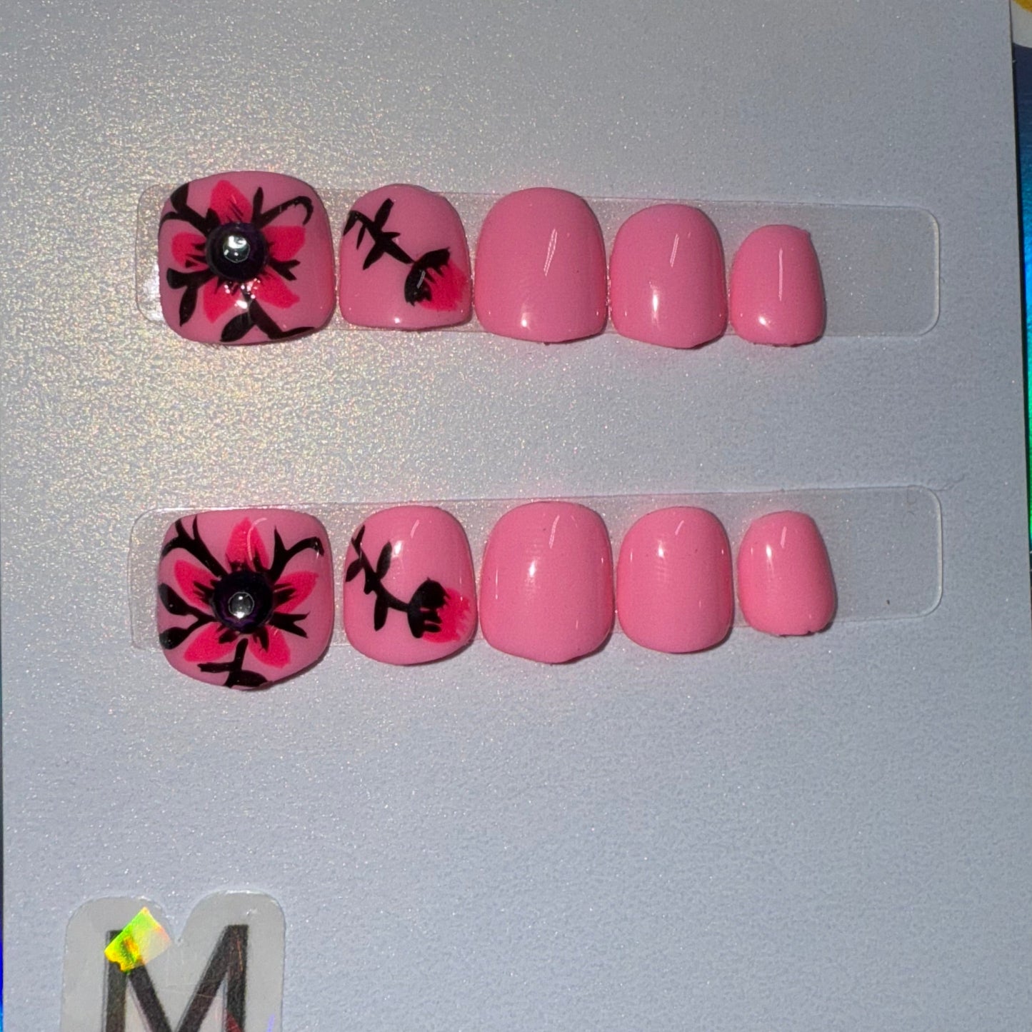 "Sweet Blossom Kids" Pink Floral Press-On Nails | Size Medium