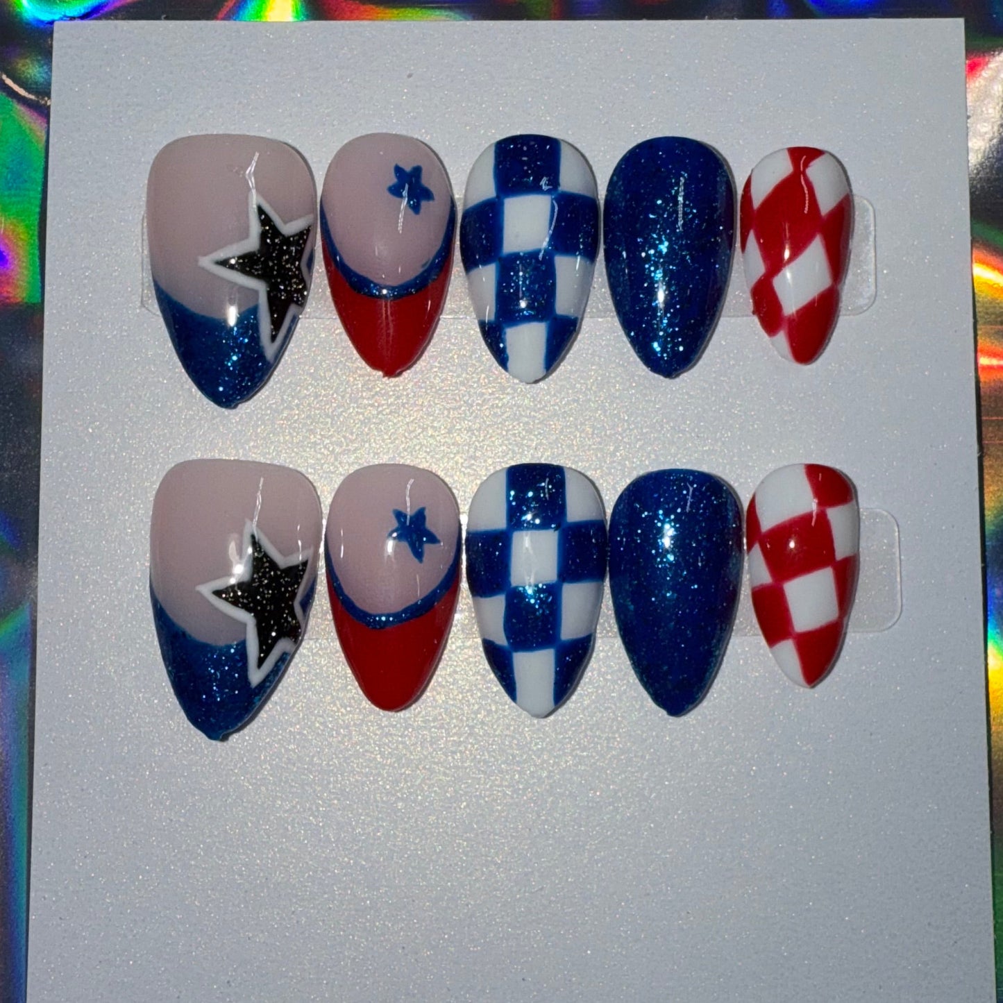 "Patriotic Sparkle" 4th of July Red, White & Blue Press-On Nails | Short Almond Size Small
