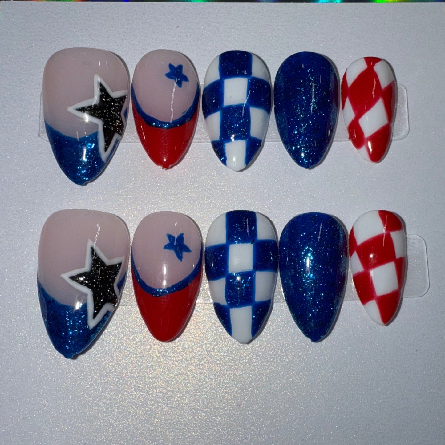 "Patriotic Sparkle" 4th of July Red, White & Blue Press-On Nails | Short Almond Size Small