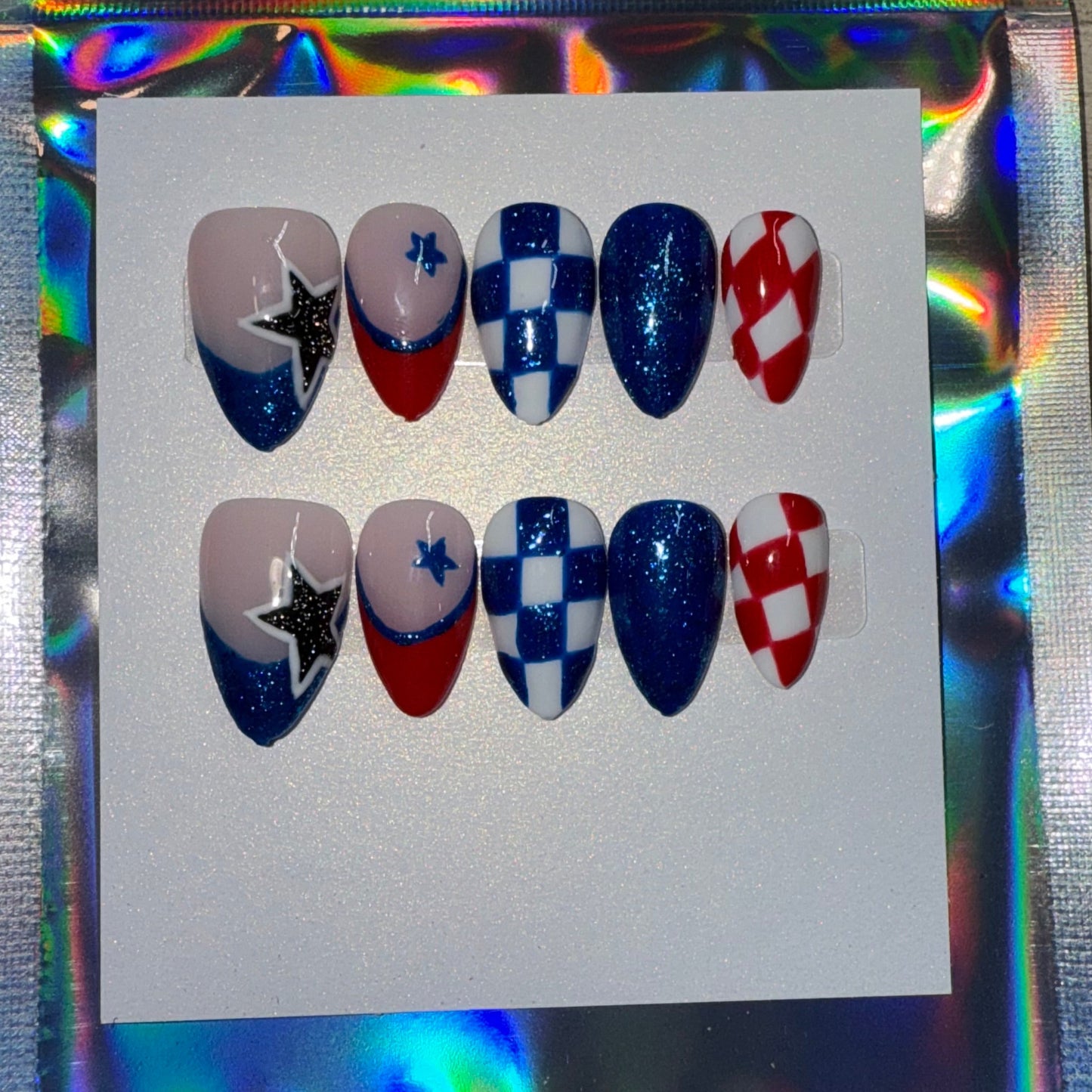 "Patriotic Sparkle" 4th of July Red, White & Blue Press-On Nails | Short Almond Size Small