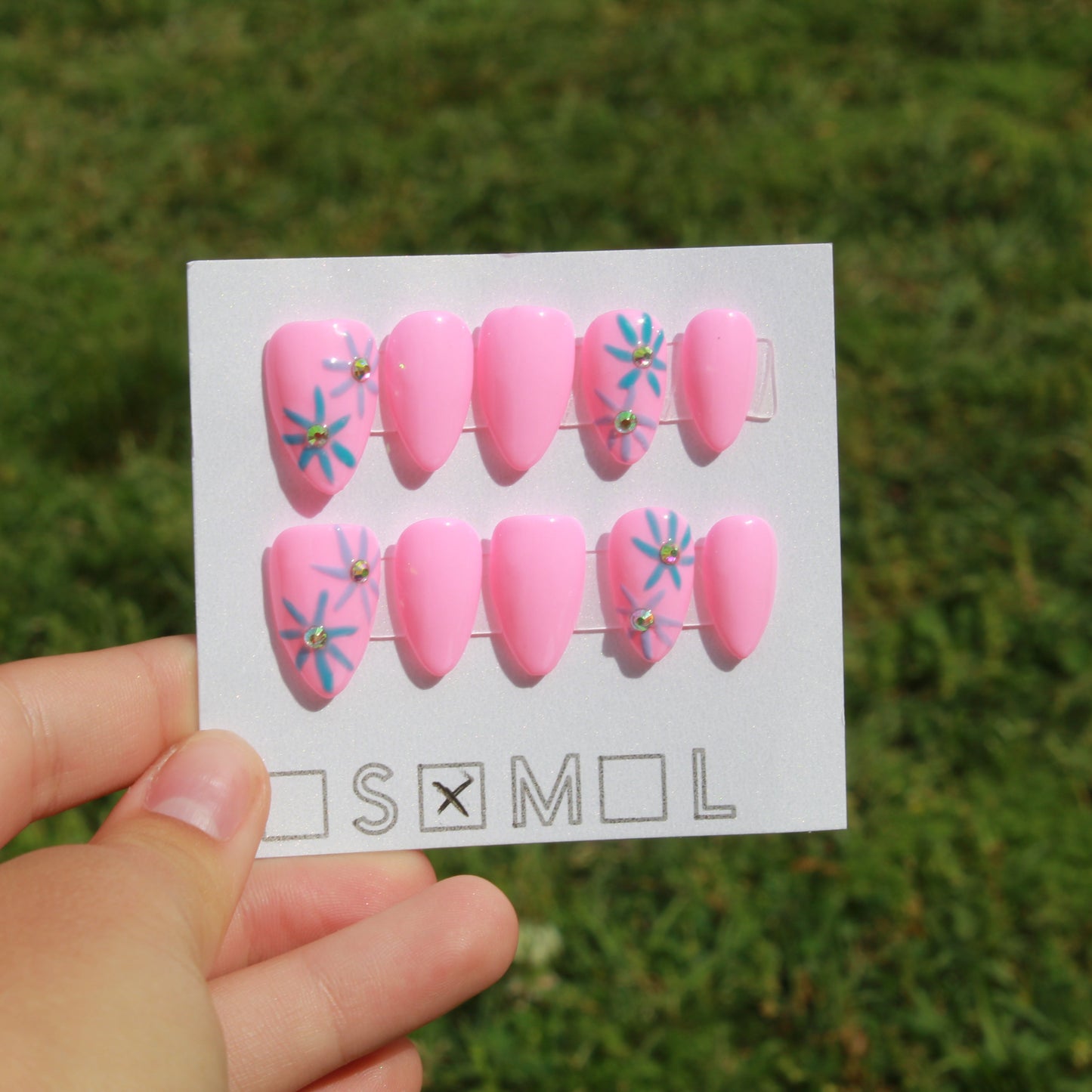 Short Almond Light Pink (Size Medium) Press-On Nails with Floral Accents | Gel X Custom Set
