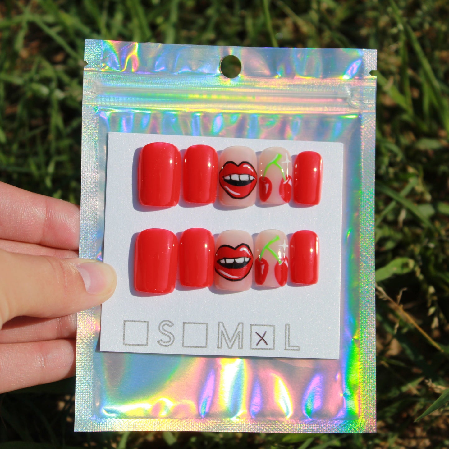 "Sweet Kisses & Cherries" Red & Nude Press-On Nails | Short Square Size Large