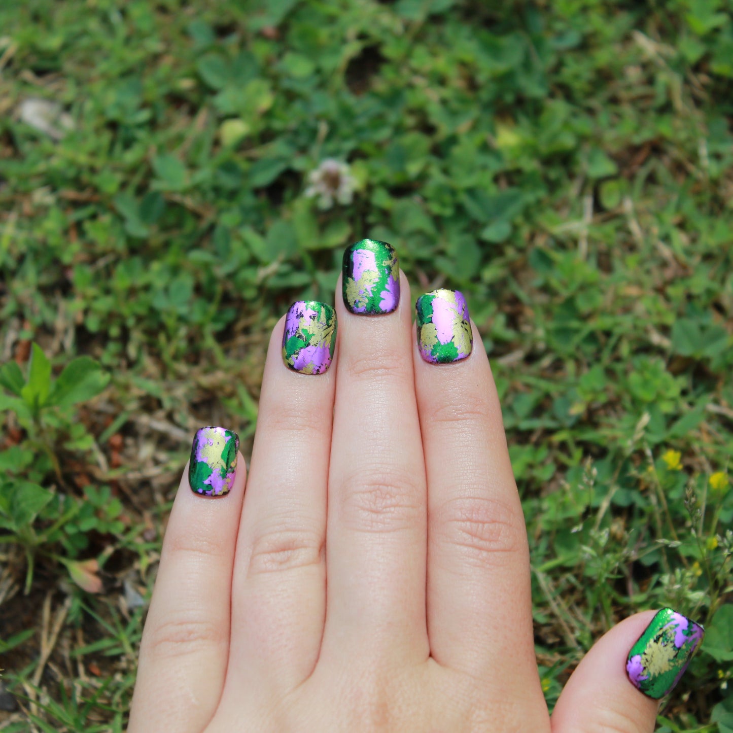 "Mardi Gras Magic" Gold, Green & Purple Foil Press-On Nails | Extra Short Square Size Small
