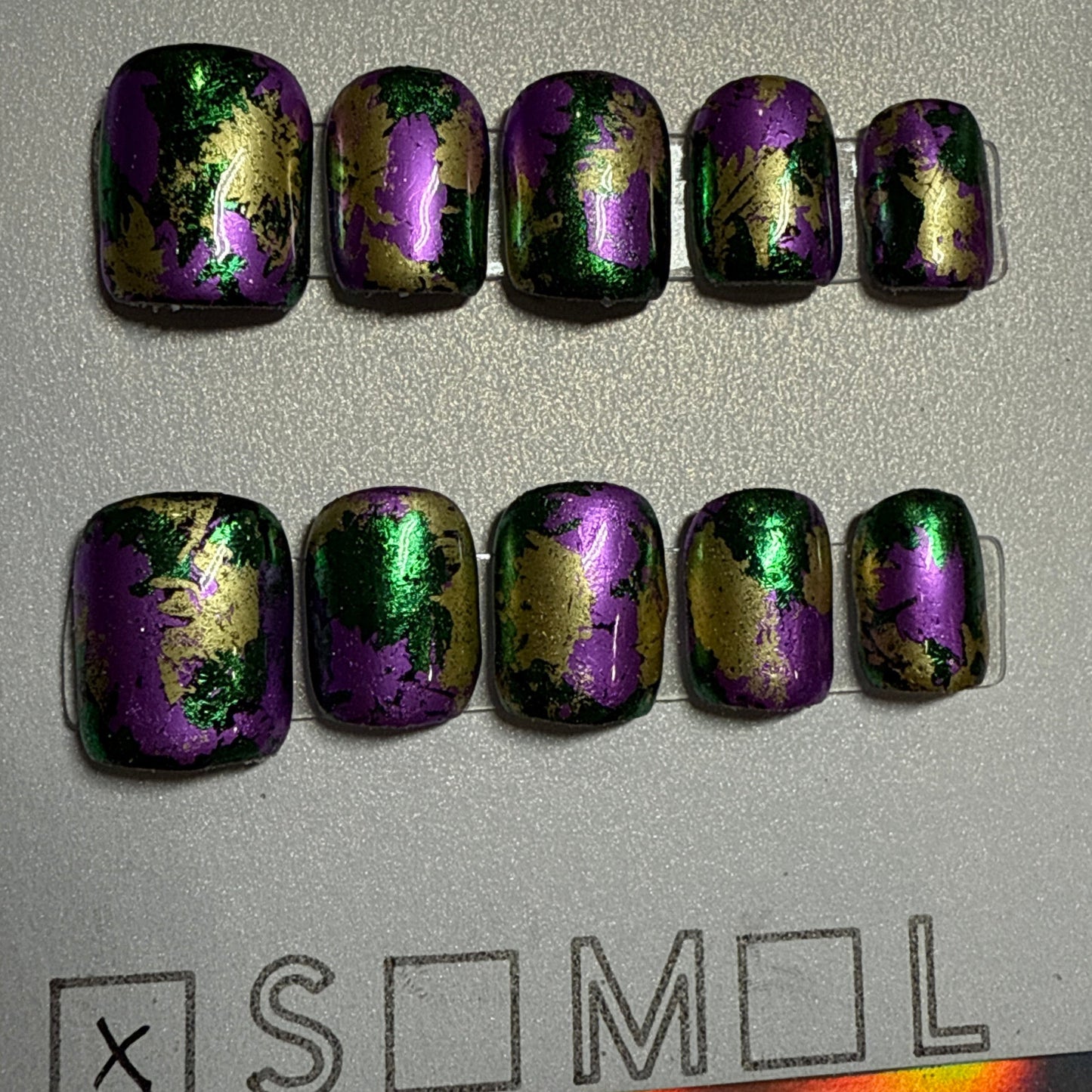 "Mardi Gras Magic" Gold, Green & Purple Foil Press-On Nails | Extra Short Square Size Small