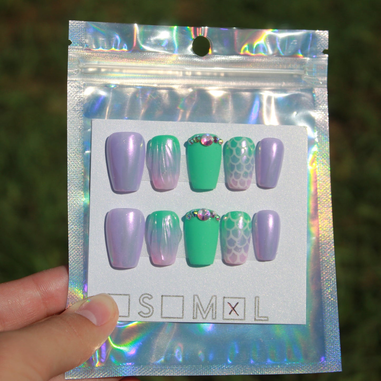 "Mermaid Vibes" Chrome & Ombre Press-On Nails | Short Coffin Size Large