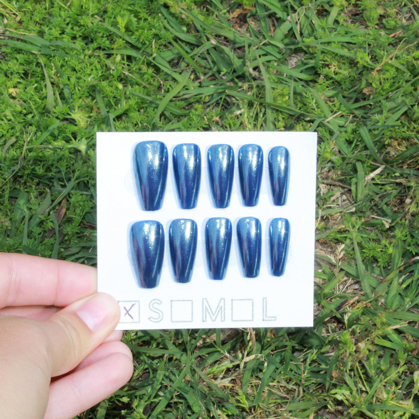 "Midnight Chrome" Navy Blue Chrome Press-On Nails | Medium Coffin Size Small