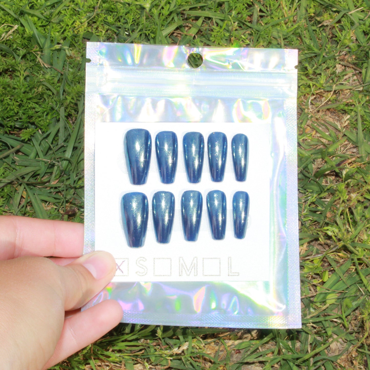 "Midnight Chrome" Navy Blue Chrome Press-On Nails | Medium Coffin Size Small