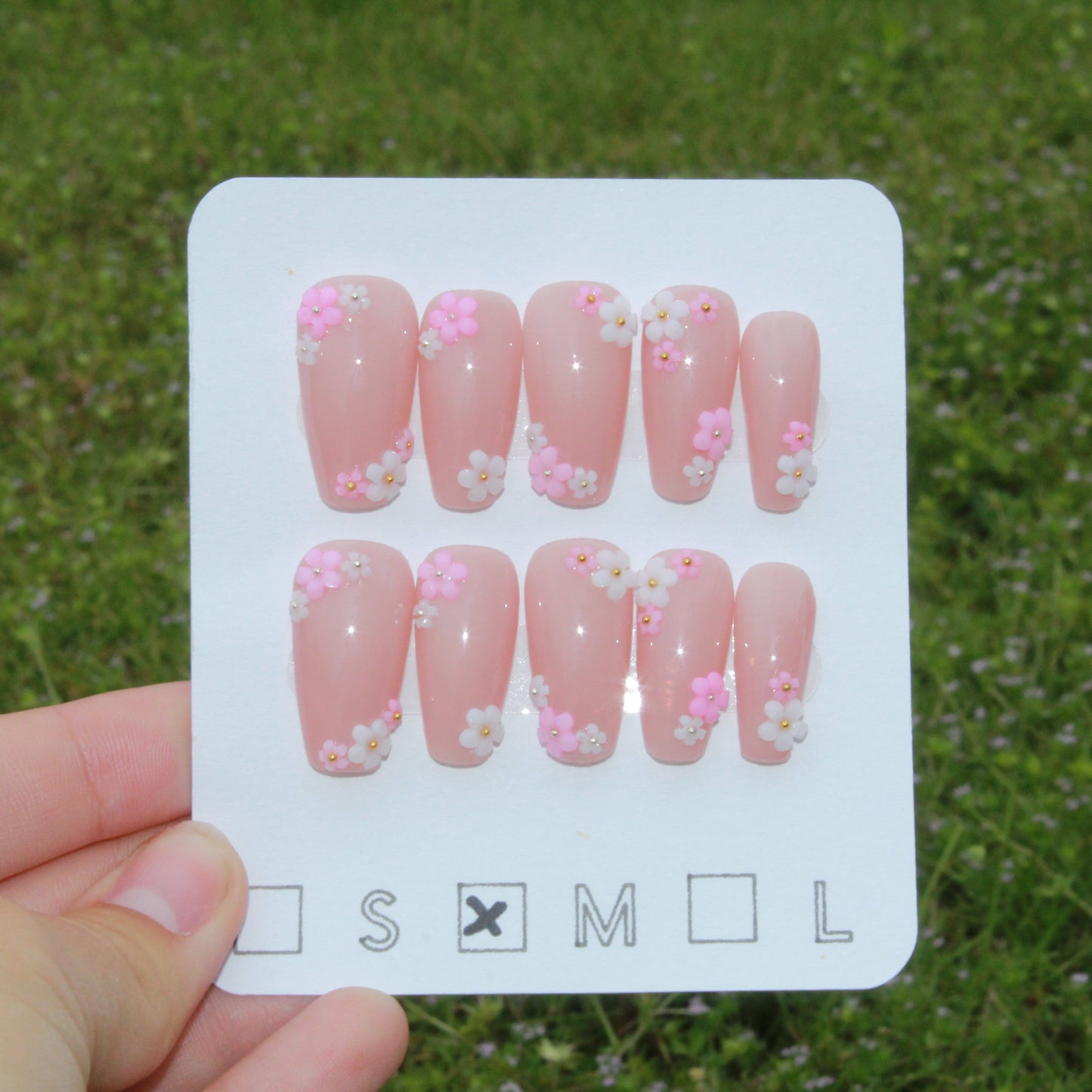 "Enchanted Garden" Nude Floral Charm Press-On Nails | Medium Coffin Size Medium