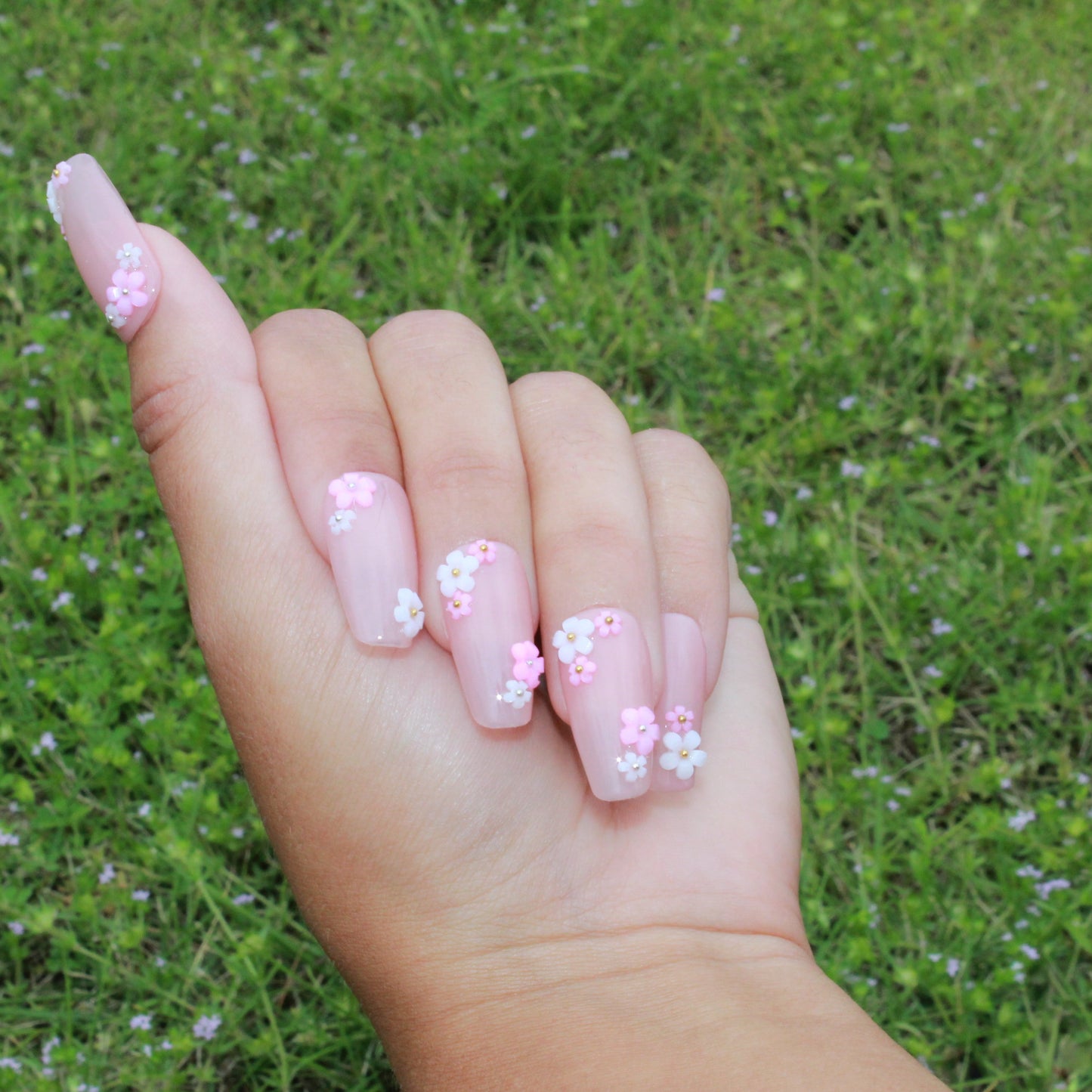 "Enchanted Garden" Nude Floral Charm Press-On Nails | Medium Coffin Size Medium