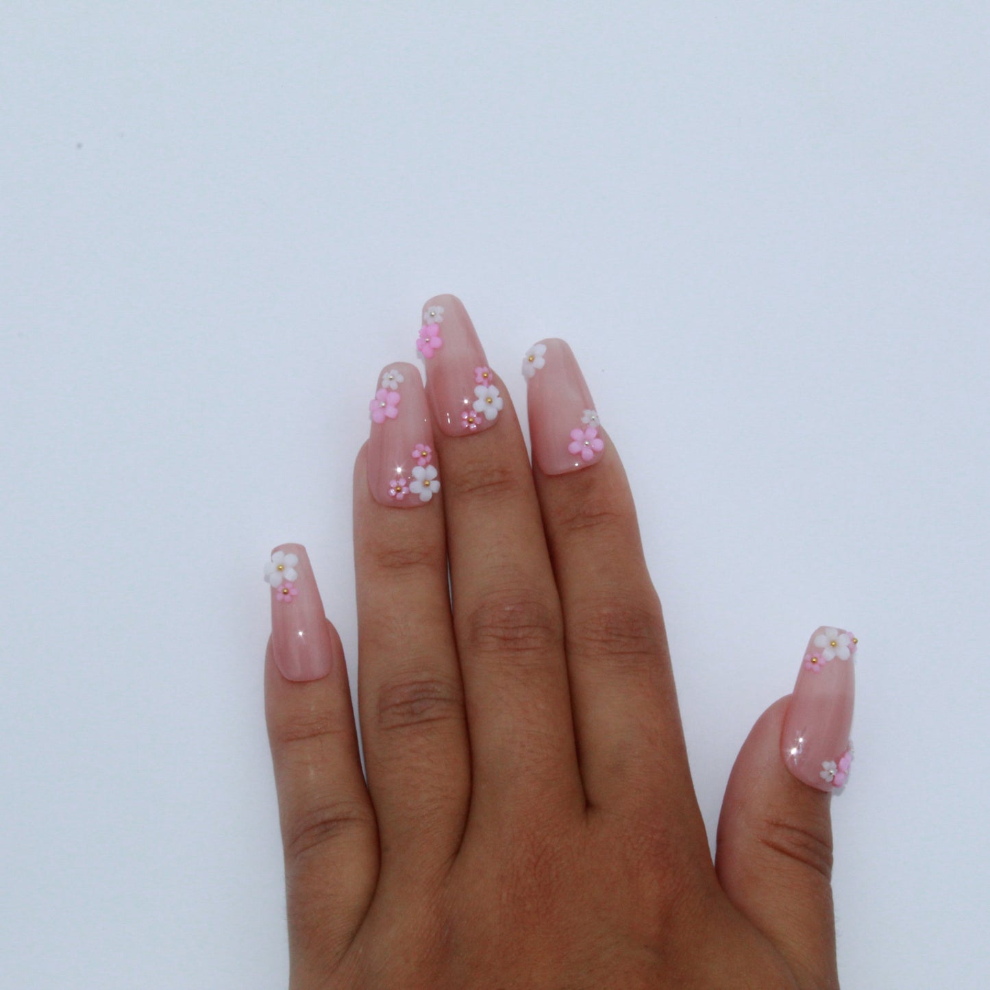 "Enchanted Garden" Nude Floral Charm Press-On Nails | Medium Coffin Size Medium