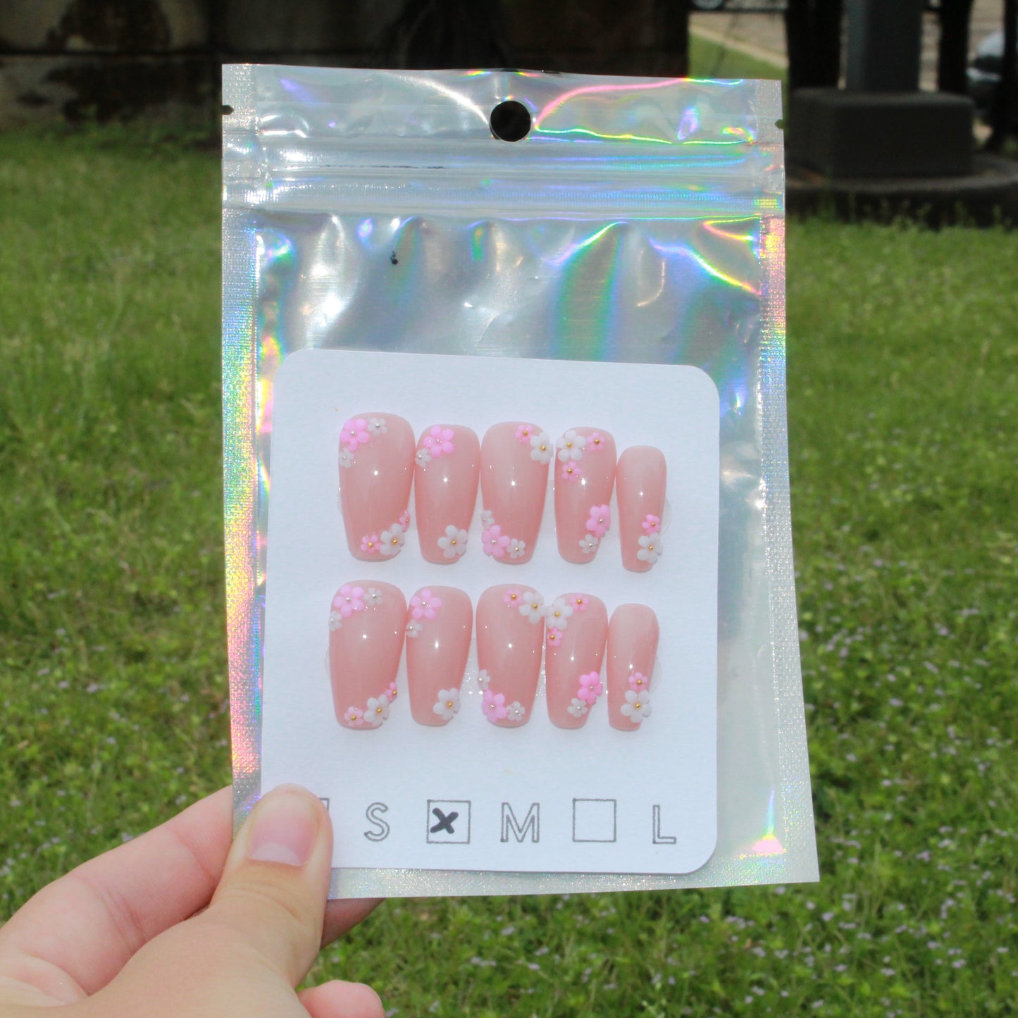 "Enchanted Garden" Nude Floral Charm Press-On Nails | Medium Coffin Size Medium