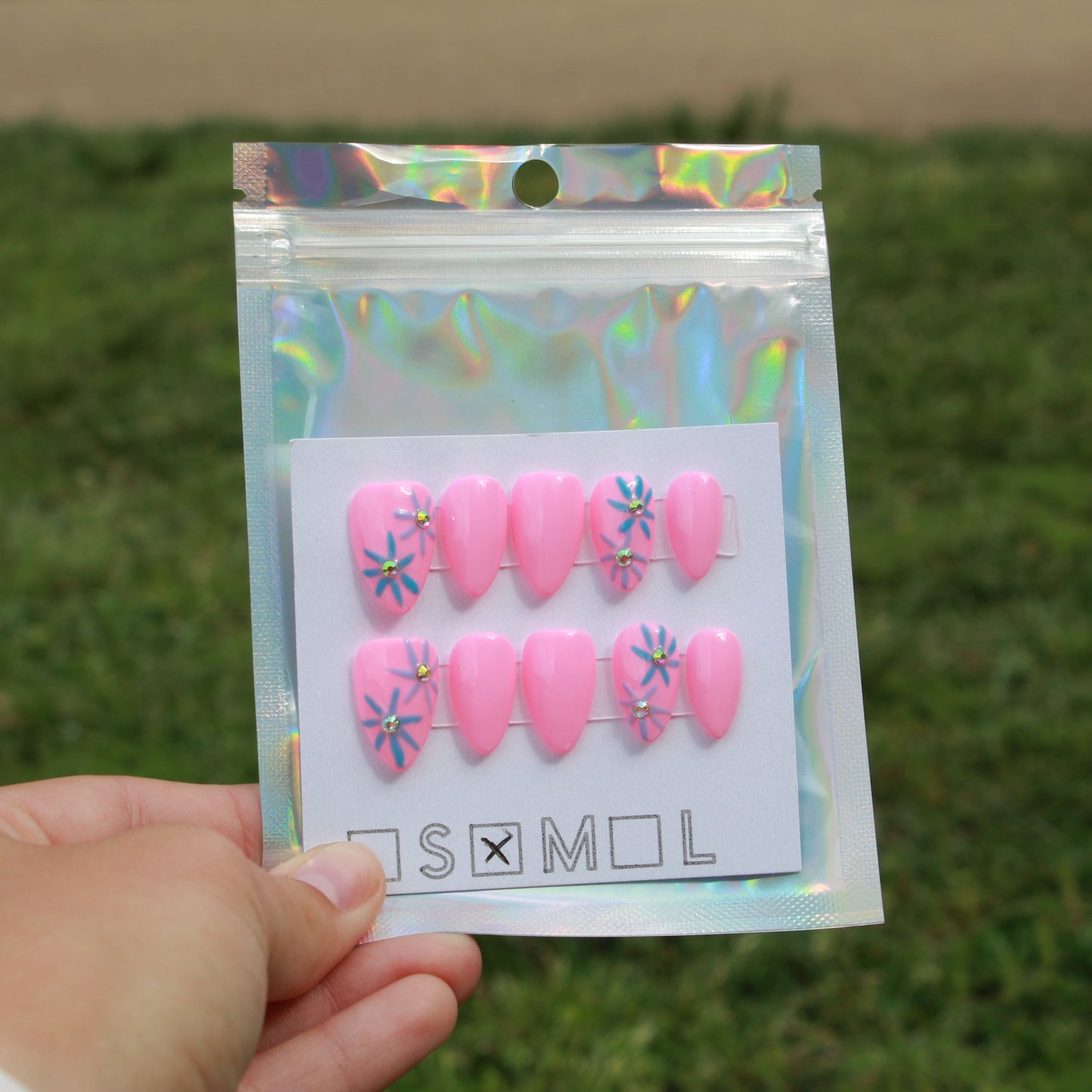 Short Almond Light Pink (Size Medium) Press-On Nails with Floral Accents | Gel X Custom Set