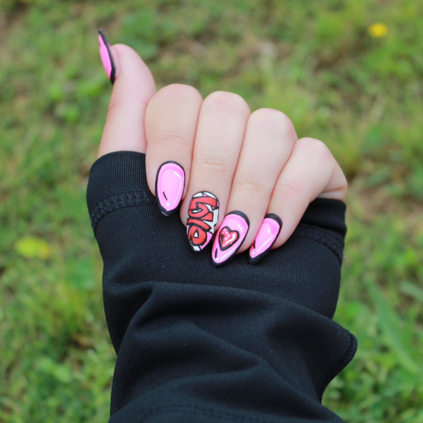 "Pop Art Love" Matte Pink Press-On Nails with "LOVE" & Heart Accents | Medium Almond Size Small