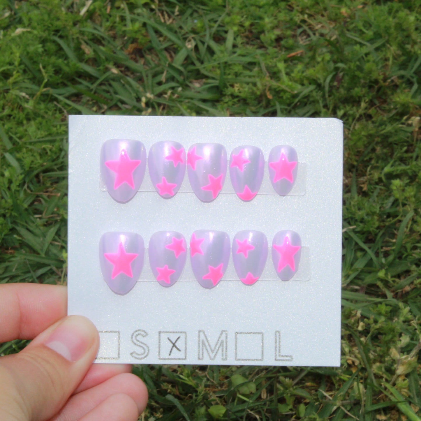"Starry Lavender Sky" Chrome & Star Press-On Nails | Extra Short Almond Size Medium