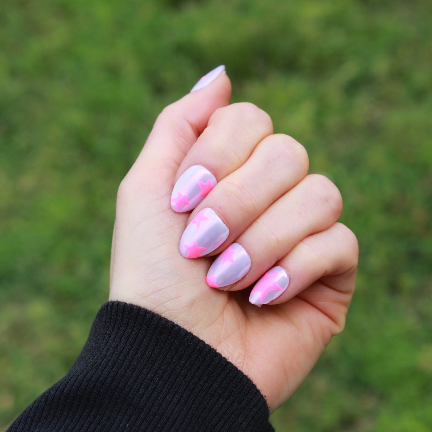 "Starry Lavender Sky" Chrome & Star Press-On Nails | Extra Short Almond Size Medium