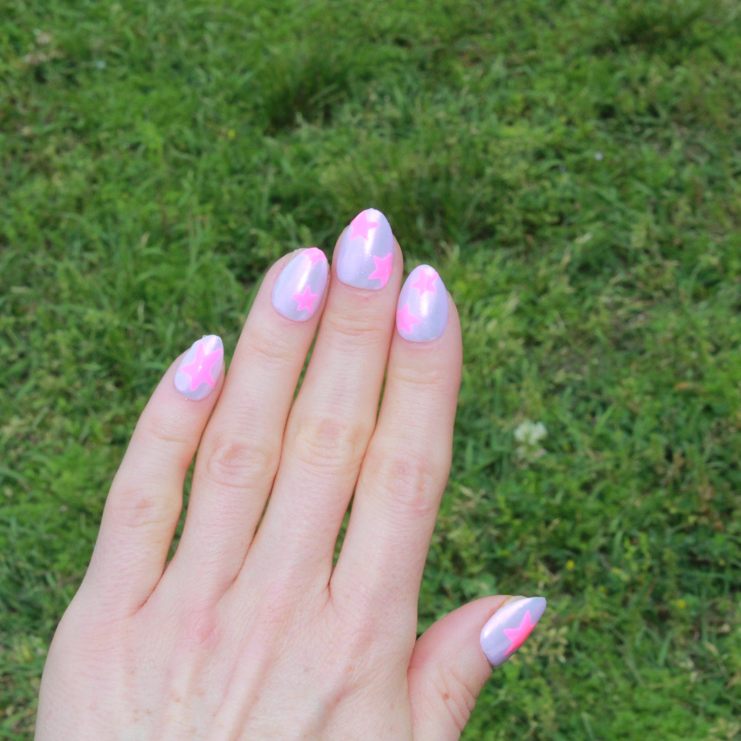 "Starry Lavender Sky" Chrome & Star Press-On Nails | Extra Short Almond Size Medium