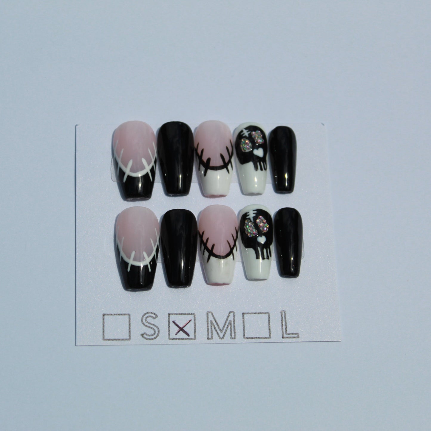 "Edgy Stitch" Skull & Stitch Press-On Nails | Black & White Medium Coffin Size Medium