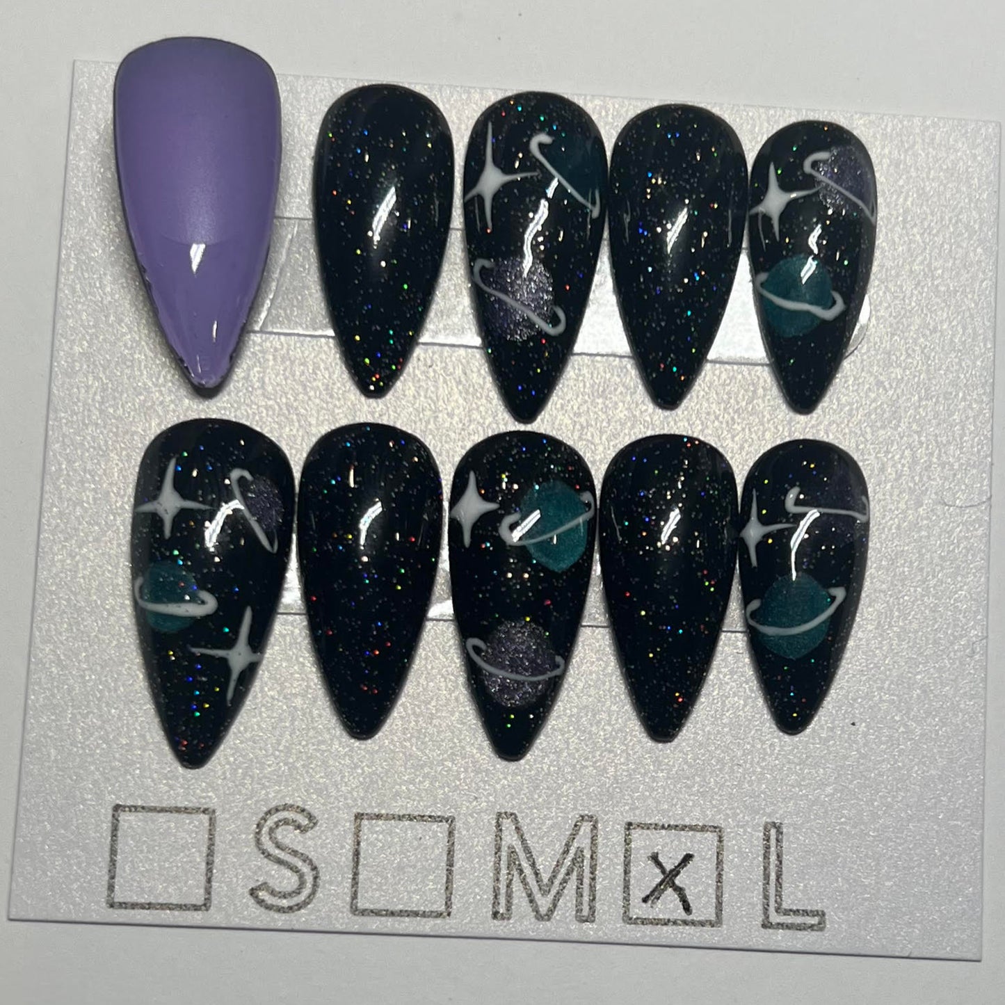 "Cosmic Enigma" Galaxy & Glitter Press-On Nails | Medium Stiletto Size Large