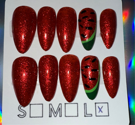 Red Glitter Press-On Nails – Medium Almond Shape with Watermelon Accent