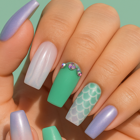 Mermaid Vibes Chrome & Ombre Press-On Nails | Short Coffin Size Large