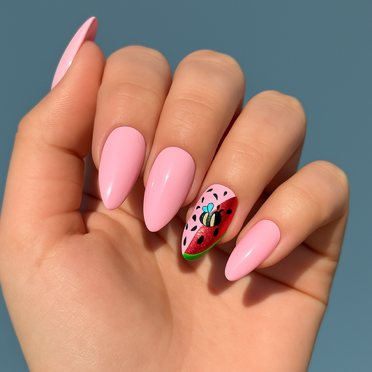 Watermelon Bee Light Pink Short Almond Press-On Nails – Reusable Gel X Set