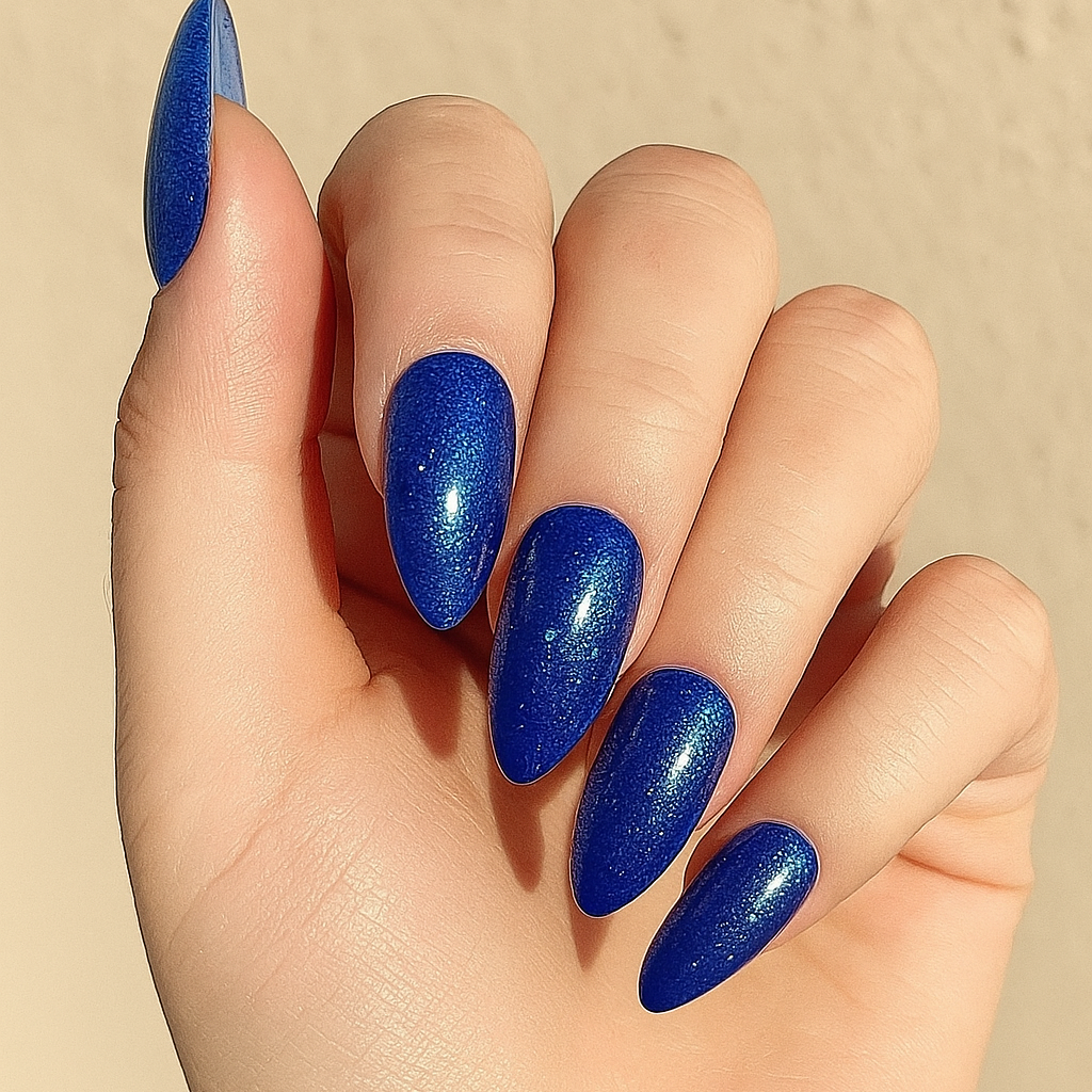 Azure Sparkle Blue Glitter Press-On Nails | Medium Almond  Size Large
