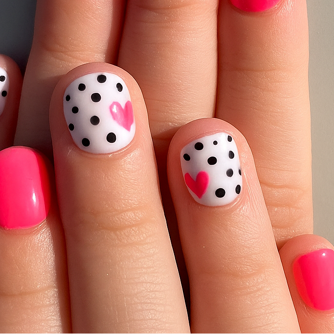Children’s Bright Pink Press-On Nails with Heart & Polka Dot Accents – Size Small
