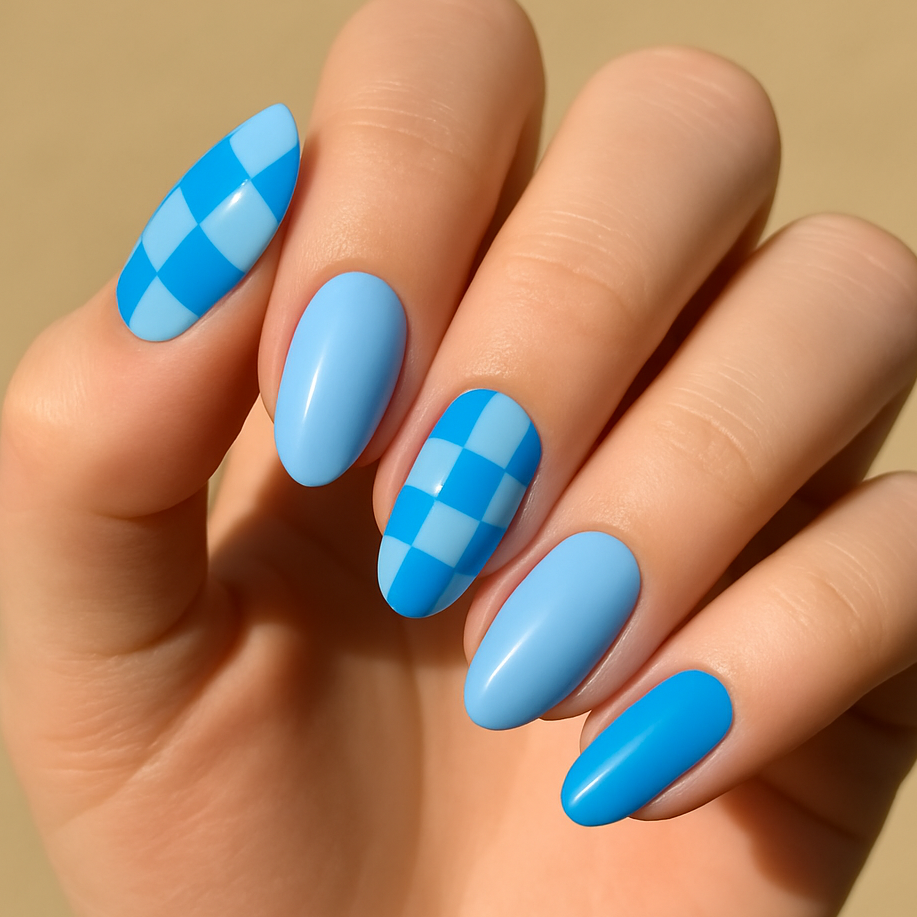 Blue Check Bliss Light Blue Checkerboard Press-On Nails | Extra Short Almond Size Small
