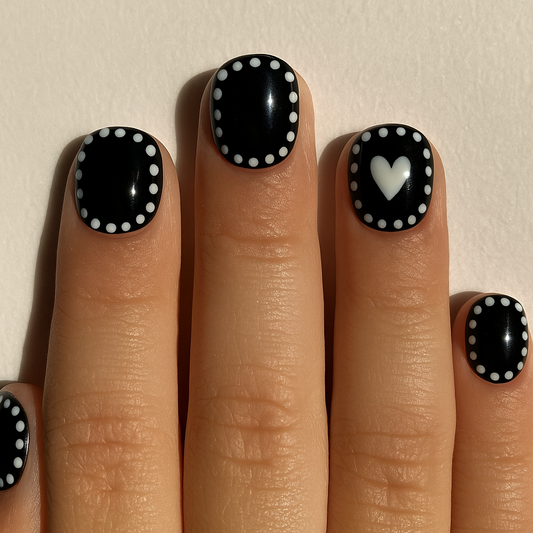 Stitched Heart Kids Black Press-On Nails with White Heart & Stitching | Size Medium