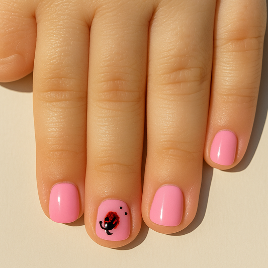 Children’s Bright Light Pink Press-On Nails with Ladybug Accent – Size Medium
