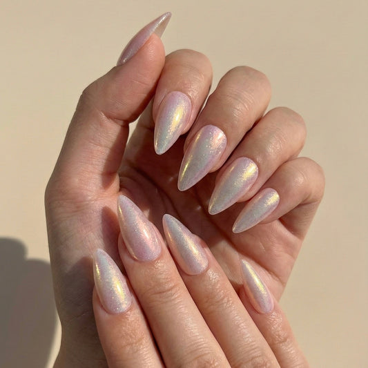 Glazed Nude Chrome Press-On Nails – Medium Stiletto
