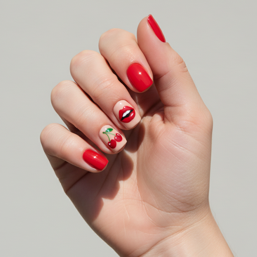 Sweet Kisses & Cherries Red & Nude Press-On Nails | Short Square Size Large