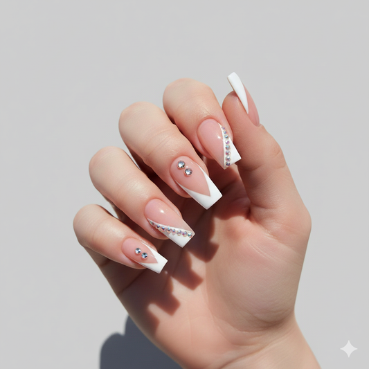 Diamond Drip White French Tip & Gem Press-On Nails | Long Coffin Size Large