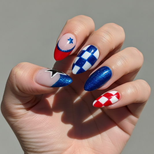 Patriotic Sparkle 4th of July Red, White & Blue Press-On Nails | Short Almond Size Small
