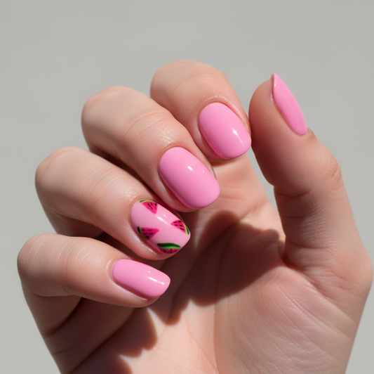 Bright Pink Watermelon Slice Short Round/Oval Press-On Nails – Reusable Gel X Set
