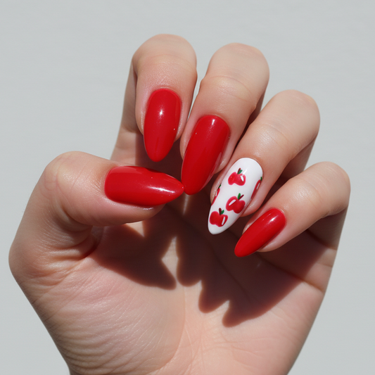 Bright Red Press-On Nails with Apple Accent – Medium Almond Shape
