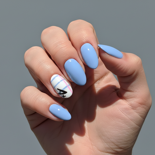 Light Blue Press-On Nails with Notebook Paper & A+ Accent – Extra Short Almond Shape