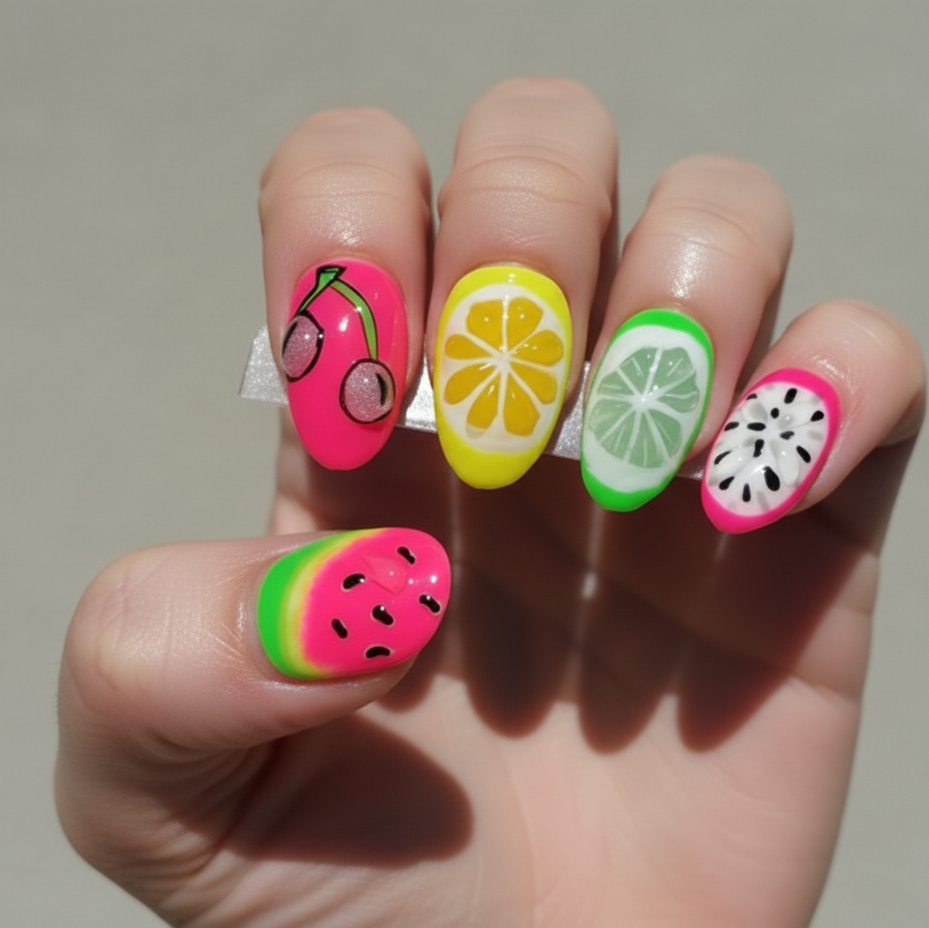 Fruity Fun Medley 3D Fruit Press-On Nails | Medium Round Size Large