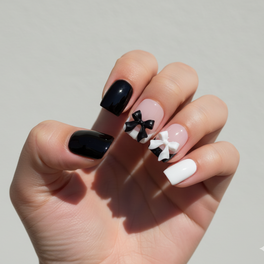 Bow-Tifully Chic Black & White French Tip Press-On Nails | Extra Short Square Size Large