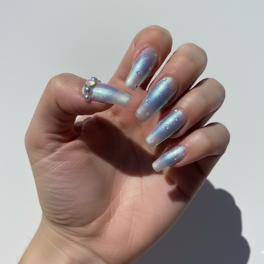 Celestial Glow Blue Aura & Gem Press-On Nails | Long Coffin Size Small