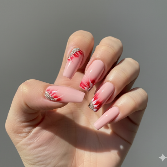 Whispering Petals Light Pink Blooming Gel Floral Press-On Nails | Long Coffin Size Medium