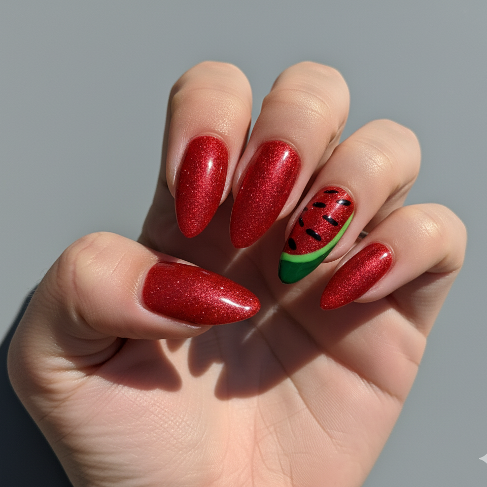 Red Glitter Press-On Nails – Medium Almond Shape with Watermelon Accent
