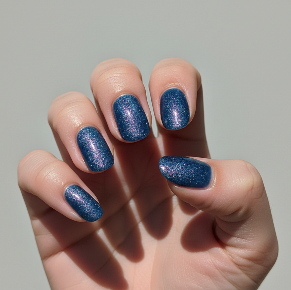 Cosmic Ocean Blue Sparkle Cat Eye Press-On Nails | Short Almond Size Large