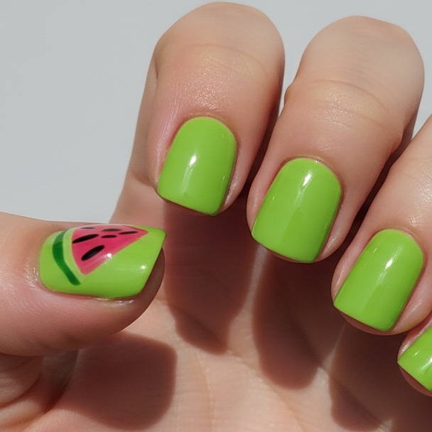 Children’s Soft Gel Press-On Nails – Green with Watermelon Slice Accent