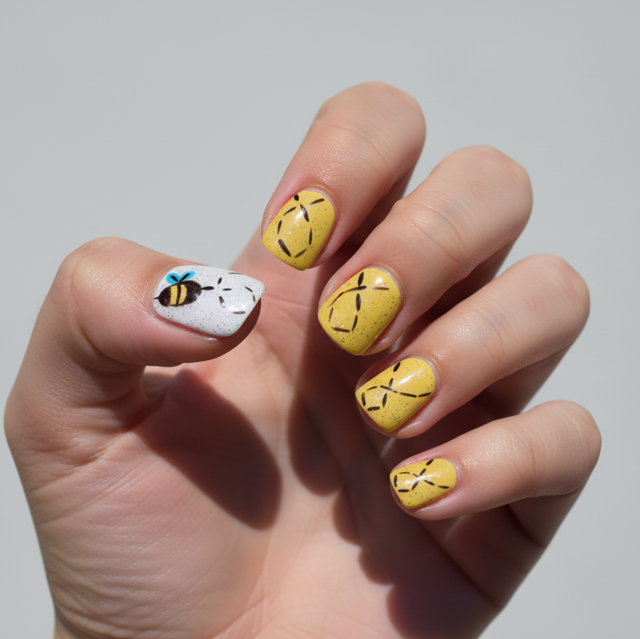 Children’s Bright Yellow Press-On Nails with Bee Accent – Size Large
