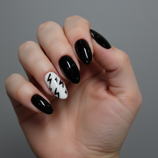 Electric Edge Vibe Lightning Bolt Press-On Nails | Short Almond Black & White Size Small