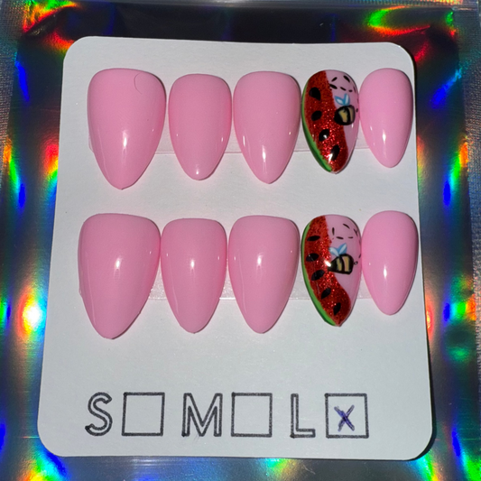 Watermelon Bee Light Pink Short Almond Press-On Nails – Reusable Gel X Set